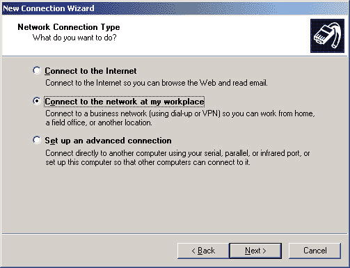 Figure 1: Select the Connect to the network at my workplace option.